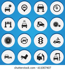 Set Of 16 Editable Transport Icons. Includes Symbols Such As Speed Display, Vehicle Wash, Treadle And More. Can Be Used For Web, Mobile, UI And Infographic Design.