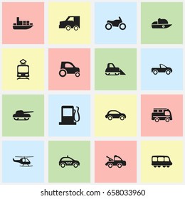 Set Of 16 Editable Transport Icons. Includes Symbols Such As Auto, Drophead Coupe, Ship And More. Can Be Used For Web, Mobile, UI And Infographic Design.