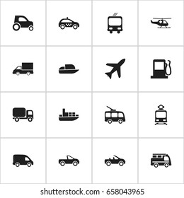 Set Of 16 Editable Transport Icons. Includes Symbols Such As Aircraft, Ship, Omnibus And More. Can Be Used For Web, Mobile, UI And Infographic Design.