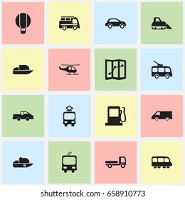 Set Of 16 Editable Transport Icons. Includes Symbols Such As Airship, Omnibus, Lorry And More. Can Be Used For Web, Mobile, UI And Infographic Design.