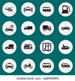 Set Of 16 Editable Transport Icons. Includes Symbols Such As Motorbus, Helicopter, Service Car And More. Can Be Used For Web, Mobile, UI And Infographic Design.