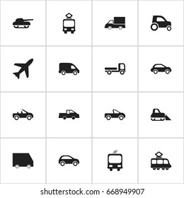 Set Of 16 Editable Transport Icons. Includes Symbols Such As Hatchback, Cable Railway, Drophead Coupe And More. Can Be Used For Web, Mobile, UI And Infographic Design.