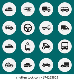 Set Of 16 Editable Transport Icons. Includes Symbols Such As Haulage, Drive Control, Emergency Copter And More. Can Be Used For Web, Mobile, UI And Infographic Design.