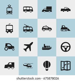 Set Of 16 Editable Transport Icons. Includes Symbols Such As Tramcar, Transportation, Airship And More. Can Be Used For Web, Mobile, UI And Infographic Design.