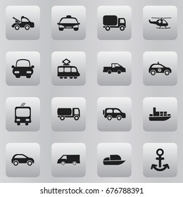 Set Of 16 Editable Transport Icons. Includes Symbols Such As Sheriff, Travel Pickup, Auto And More. Can Be Used For Web, Mobile, UI And Infographic Design.