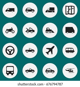 Set Of 16 Editable Transport Icons. Includes Symbols Such As Motorbus, Navigation, Van And More. Can Be Used For Web, Mobile, UI And Infographic Design.