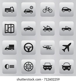 Set Of 16 Editable Transport Icons. Includes Symbols Such As Wheel, Garage, Aircraft And More. Can Be Used For Web, Mobile, UI And Infographic Design.
