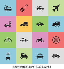 Set of 16 editable transportation icons. Includes symbols such as wheel, driving, trolleybus and more. Can be used for web, mobile, UI and infographic design.