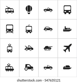 Set Of 16 Editable Transportation Icons. Includes Symbols Such As Part Of Car, Cable Railway, Yacht And More. Can Be Used For Web, Mobile, UI And Infographic Design.