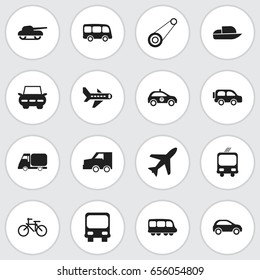 Set Of 16 Editable Transportation Icons. Includes Symbols Such As Motorbus, Weapon, Hatchback And More. Can Be Used For Web, Mobile, UI And Infographic Design.