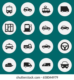Set Of 16 Editable Transportation Icons. Includes Symbols Such As Car Vehicle, Sheriff, Automotive And More. Can Be Used For Web, Mobile, UI And Infographic Design.