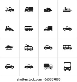 Set Of 16 Editable Transportation Icons. Includes Symbols Such As Auto, Travel Pickup, Omnibus And More. Can Be Used For Web, Mobile, UI And Infographic Design.