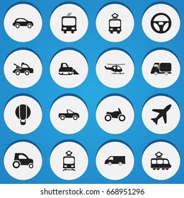 Set Of 16 Editable Transportation Icons. Includes Symbols Such As Motorbike, Streetcar, Drophead Coupe And More. Can Be Used For Web, Mobile, UI And Infographic Design.