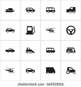 Set Of 16 Editable Transportation Icons. Includes Symbols Such As Hatchback, Emergency Copter, Lorry And More. Can Be Used For Web, Mobile, UI And Infographic Design.