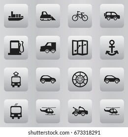 Set Of 16 Editable Transportation Icons. Includes Symbols Such As Shipping, Hatchback, Transportation And More. Can Be Used For Web, Mobile, UI And Infographic Design.