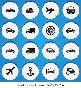 Set Of 16 Editable Transportation Icons. Includes Symbols Such As Family Jeep, Automobile, Camion And More. Can Be Used For Web, Mobile, UI And Infographic Design.