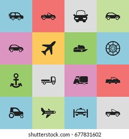 Set Of 16 Editable Transportation Icons. Includes Symbols Such As Hatchback, Washing Auto, Wheel And More. Can Be Used For Web, Mobile, UI And Infographic Design.
