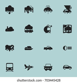 Set Of 16 Editable Transportation Icons. Includes Symbols Such As Tramcar, Streetcar, Wagon And More. Can Be Used For Web, Mobile, UI And Infographic Design.