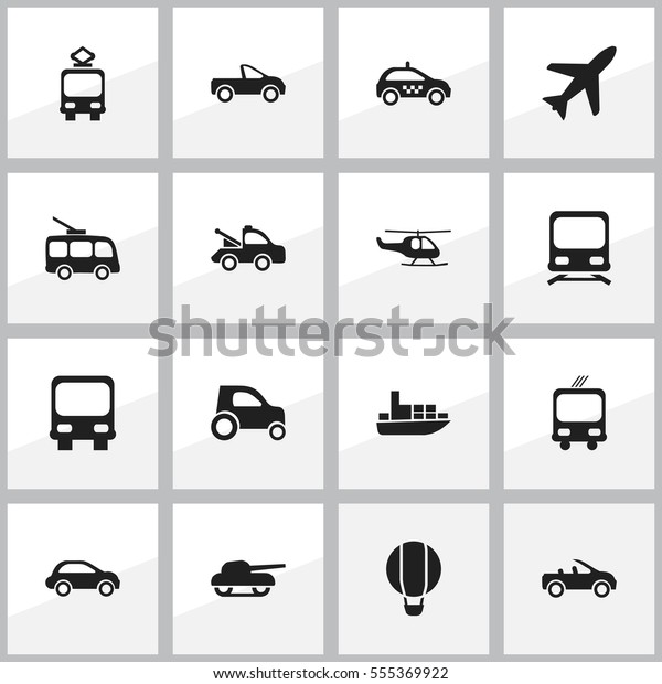 Set Of 16 Editable\
Transportation Icons. Includes Symbols Such As Cable Railway, Ship,\
Part Of Car And More. Can Be Used For Web, Mobile, UI And\
Infographic Design.