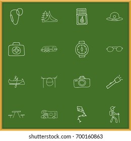 Set Of 16 Editable Travel Doodles. Includes Symbols Such As Boat, Eyeglasses, Wrist Clock And More. Can Be Used For Web, Mobile, UI And Infographic Design.