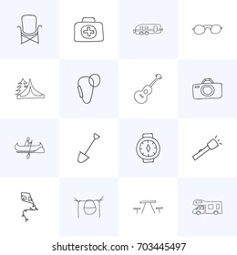 Set Of 16 Editable Travel Doodles. Includes Symbols Such As Flashlight, Boat, Medical Kit And More. Can Be Used For Web, Mobile, UI And Infographic Design.