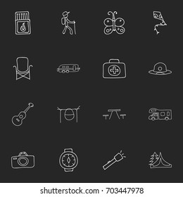 Set Of 16 Editable Travel Doodles. Includes Symbols Such As Flammable Stick, Musical Instrument, Wrist Clock And More. Can Be Used For Web, Mobile, UI And Infographic Design.