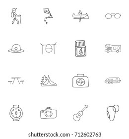 Set Of 16 Editable Travel Doodles. Includes Symbols Such As Beach Hat, Musical Instrument, Flying Toy And More. Can Be Used For Web, Mobile, UI And Infographic Design.