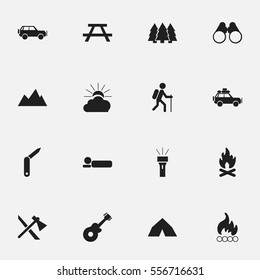 Set Of 16 Editable Travel Icons. Includes Symbols Such As Peak, Field Glasses, Clasp-Knife And More. Can Be Used For Web, Mobile, UI And Infographic Design.