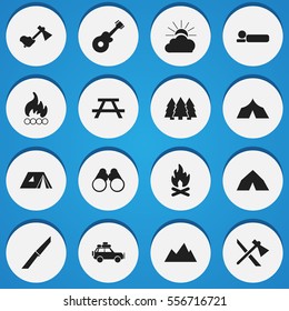 Set Of 16 Editable Travel Icons. Includes Symbols Such As Voyage Car, Bedroll, Desk And More. Can Be Used For Web, Mobile, UI And Infographic Design.