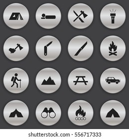 Set Of 16 Editable Travel Icons. Includes Symbols Such As Sport Vehicle, Lantern, Ax And More. Can Be Used For Web, Mobile, UI And Infographic Design.