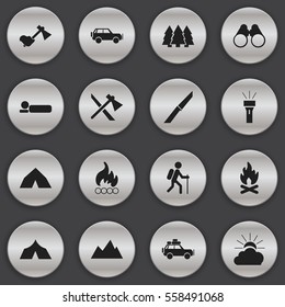 Set Of 16 Editable Travel Icons. Includes Symbols Such As Sport Vehicle, Pine, Bedroll And More. Can Be Used For Web, Mobile, UI And Infographic Design.