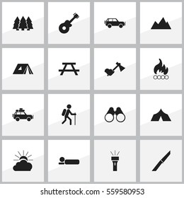 Set Of 16 Editable Travel Icons. Includes Symbols Such As Sport Vehicle, Peak, Shelter And More. Can Be Used For Web, Mobile, UI And Infographic Design.