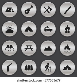 Set Of 16 Editable Travel Icons. Includes Symbols Such As Gait, Knife, Sunrise And More. Can Be Used For Web, Mobile, UI And Infographic Design.
