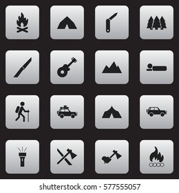 Set Of 16 Editable Travel Icons. Includes Symbols Such As Clasp-Knife, Gait, Ax And More. Can Be Used For Web, Mobile, UI And Infographic Design.