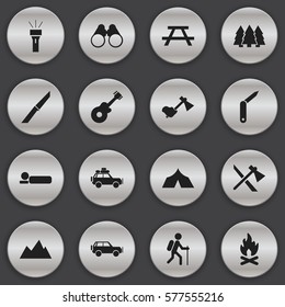 Set Of 16 Editable Travel Icons. Includes Symbols Such As Ax, Gait, Field Glasses And More. Can Be Used For Web, Mobile, UI And Infographic Design.