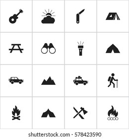 Set Of 16 Editable Travel Icons. Includes Symbols Such As Tepee, Musical Instrument, Sunrise And More. Can Be Used For Web, Mobile, UI And Infographic Design.