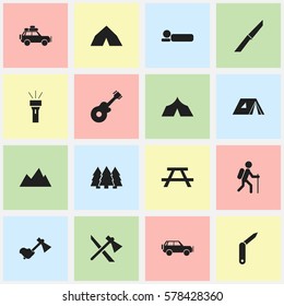 Set Of 16 Editable Travel Icons. Includes Symbols Such As Desk, Tomahawk, Musical Instrument And More. Can Be Used For Web, Mobile, UI And Infographic Design.