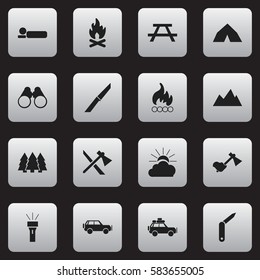Set Of 16 Editable Travel Icons. Includes Symbols Such As Clasp-Knife, Voyage Car, Bedroll And More. Can Be Used For Web, Mobile, UI And Infographic Design.