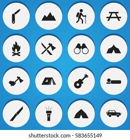 Set Of 16 Editable Travel Icons. Includes Symbols Such As Refuge, Tomahawk, Knife And More. Can Be Used For Web, Mobile, UI And Infographic Design.