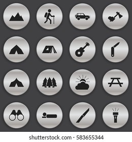 Set Of 16 Editable Travel Icons. Includes Symbols Such As Clasp-Knife, Lantern, Gait And More. Can Be Used For Web, Mobile, UI And Infographic Design.