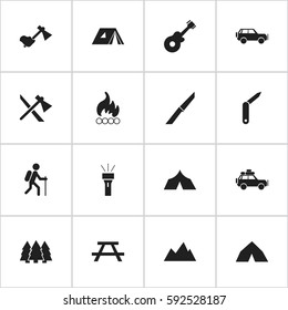 Set Of 16 Editable Travel Icons. Includes Symbols Such As Blaze, Refuge, Sport Vehicle And More. Can Be Used For Web, Mobile, UI And Infographic Design.