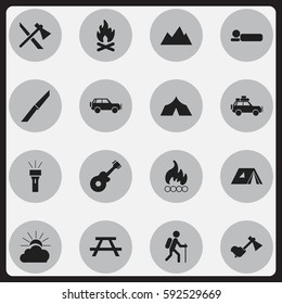 Set Of 16 Editable Travel Icons. Includes Symbols Such As Blaze, Lantern, Ax And More. Can Be Used For Web, Mobile, UI And Infographic Design.