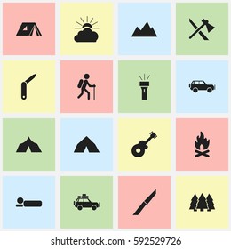 Set Of 16 Editable Travel Icons. Includes Symbols Such As Pine, Tomahawk, Voyage Car And More. Can Be Used For Web, Mobile, UI And Infographic Design.
