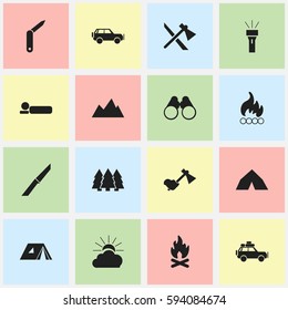 Set Of 16 Editable Travel Icons. Includes Symbols Such As Ax, Clasp-Knife, Tepee And More. Can Be Used For Web, Mobile, UI And Infographic Design.