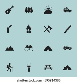 Set Of 16 Editable Travel Icons. Includes Symbols Such As Pine, Gait, Musical Instrument And More. Can Be Used For Web, Mobile, UI And Infographic Design.