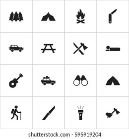 Set Of 16 Editable Travel Icons. Includes Symbols Such As Tomahawk, Voyage Car, Pine And More. Can Be Used For Web, Mobile, UI And Infographic Design.