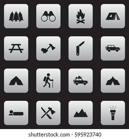 Set Of 16 Editable Travel Icons. Includes Symbols Such As Fever, Field Glasses, Gait And More. Can Be Used For Web, Mobile, UI And Infographic Design.