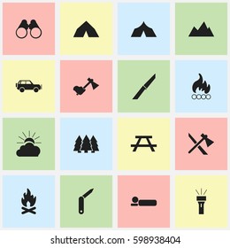 Set Of 16 Editable Travel Icons. Includes Symbols Such As Sport Vehicle, Clasp-Knife, Peak And More. Can Be Used For Web, Mobile, UI And Infographic Design.