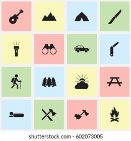 Set Of 16 Editable Travel Icons. Includes Symbols Such As Ax, Tepee, Gait And More. Can Be Used For Web, Mobile, UI And Infographic Design.