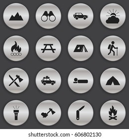 Set Of 16 Editable Travel Icons. Includes Symbols Such As Tomahawk, Shelter, Peak And More. Can Be Used For Web, Mobile, UI And Infographic Design.